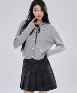 Alternative view of Heart Openwork Knitted Cardigan - Grey Chic College Style Top