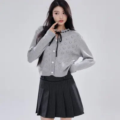 Alternative view of Heart Openwork Knitted Cardigan - Grey Chic College Style Top