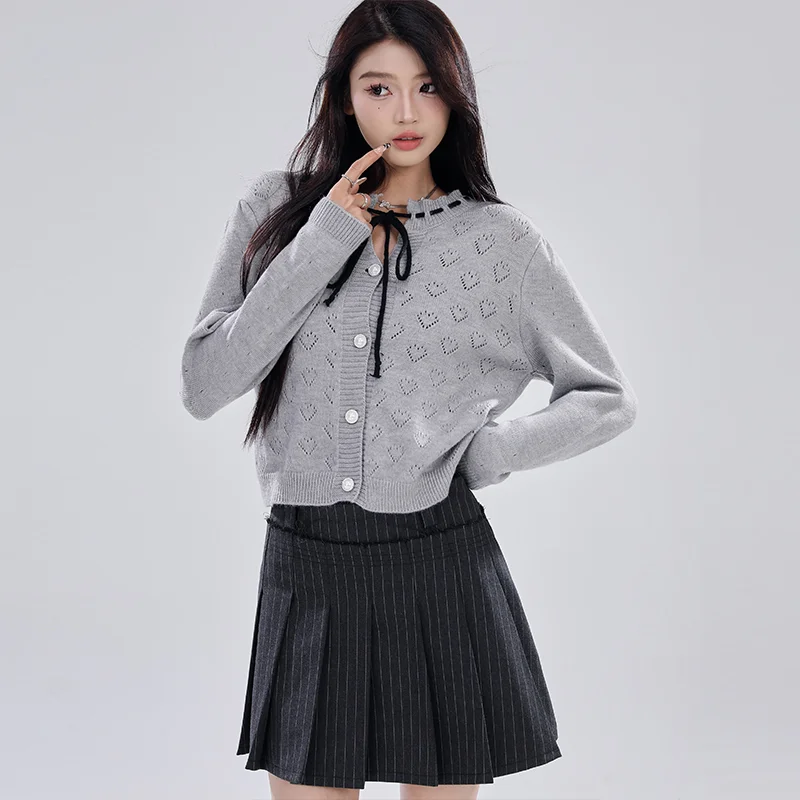 Heart Openwork Knitted Cardigan - Grey Chic College Style Top - Image 2