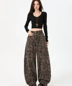 Women's Leopard Print Cotton Jeans - Retro High Waist Wide Leg