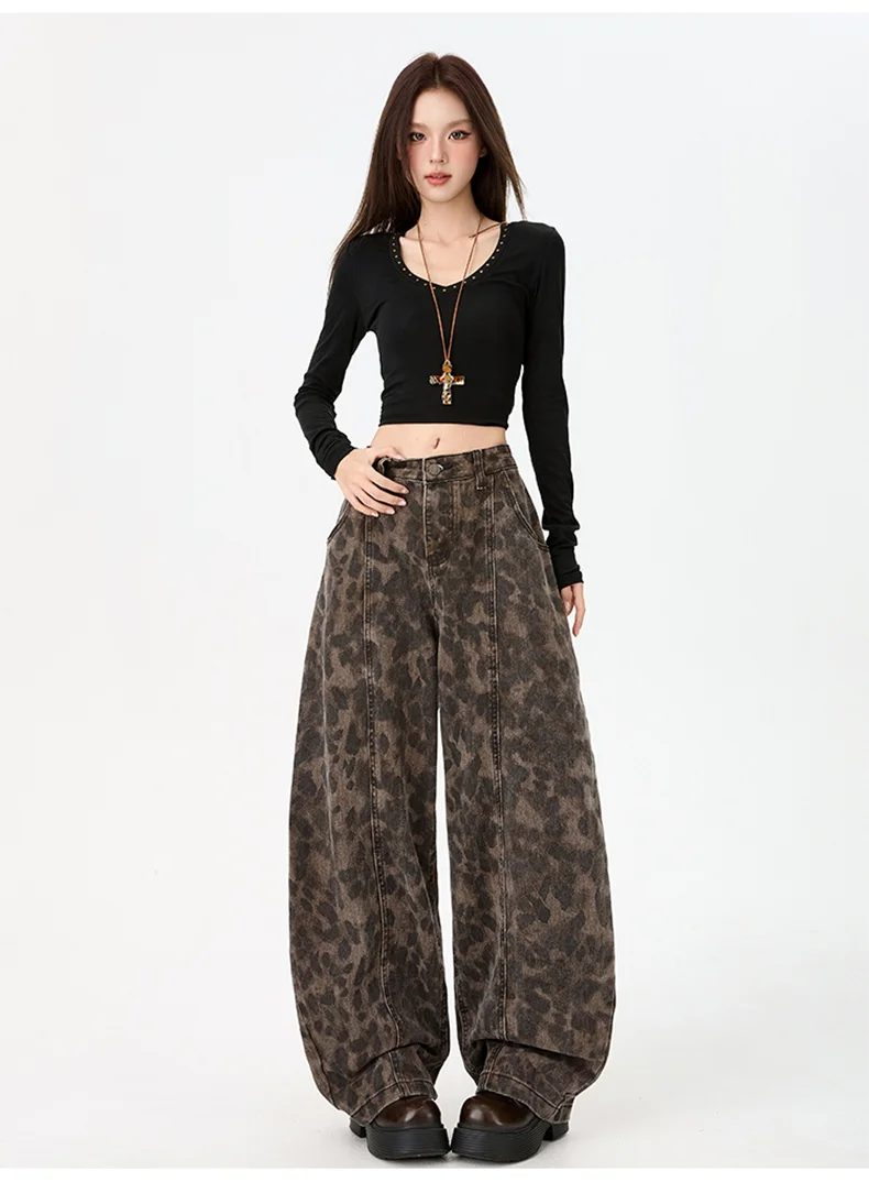 Women's Leopard Print Cotton Jeans - Retro High Waist Wide Leg