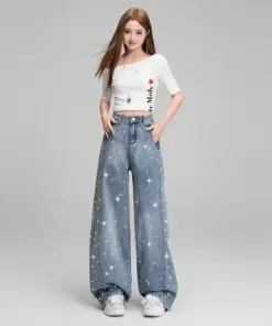Alternative view of Women's High Waisted Bling Jeans - Sparkly Wide Leg Denim Streetwear