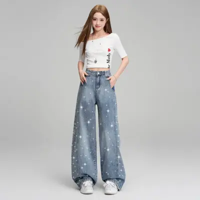 Alternative view of Women's High Waisted Bling Jeans - Sparkly Wide Leg Denim Streetwear