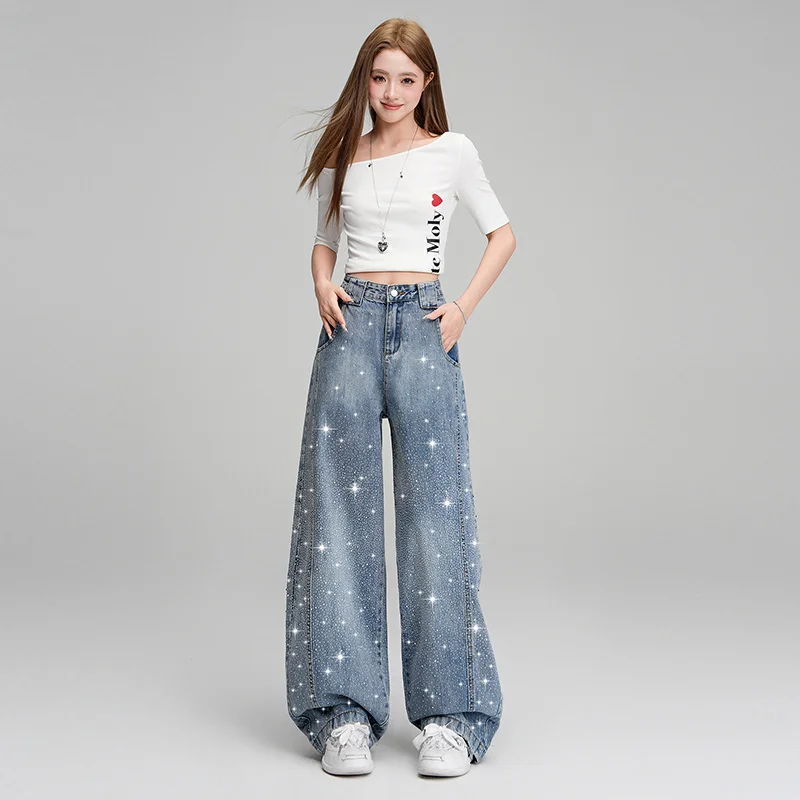 Women's High Waisted Bling Jeans - Sparkly Wide Leg Denim Streetwear - Image 2