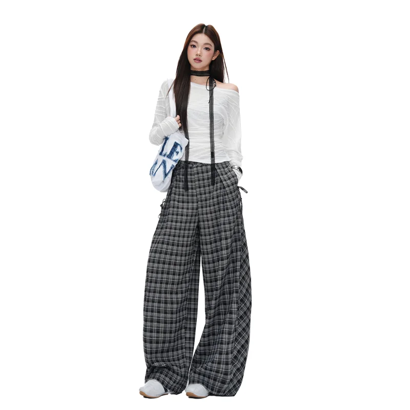 Retro Plaid Wide Leg Trousers - High Waist Casual Streetwear - Image 4