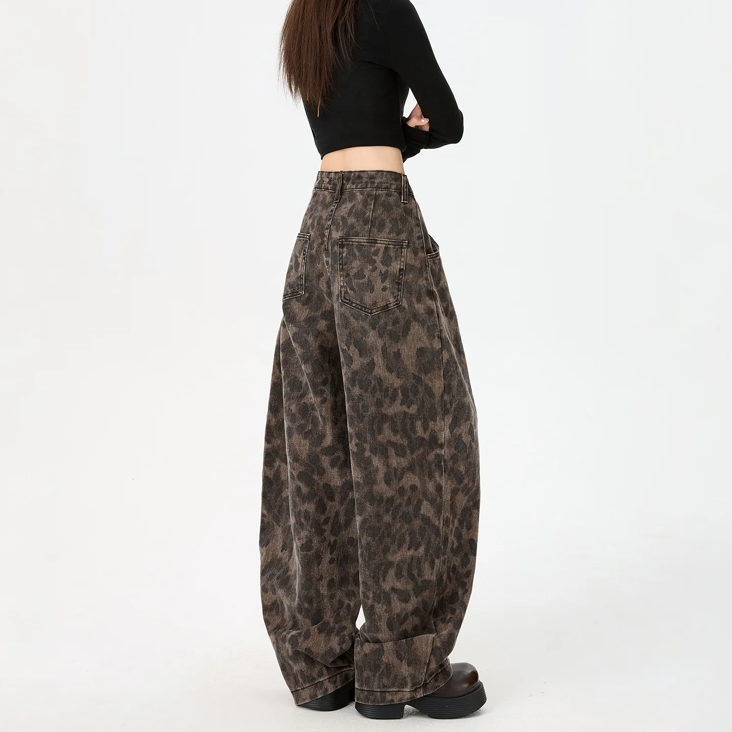 Women's Leopard Print Cotton Jeans - Retro High Waist Wide Leg - Image 4