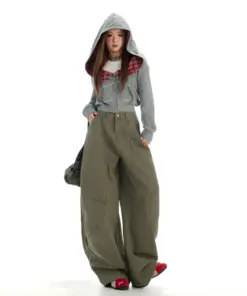 Retro Wide Leg Work Trousers - Military Green High Waist Casual Pants