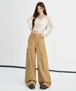 Women's Khaki Cotton High-Waisted Wide-Leg Casual Jeans