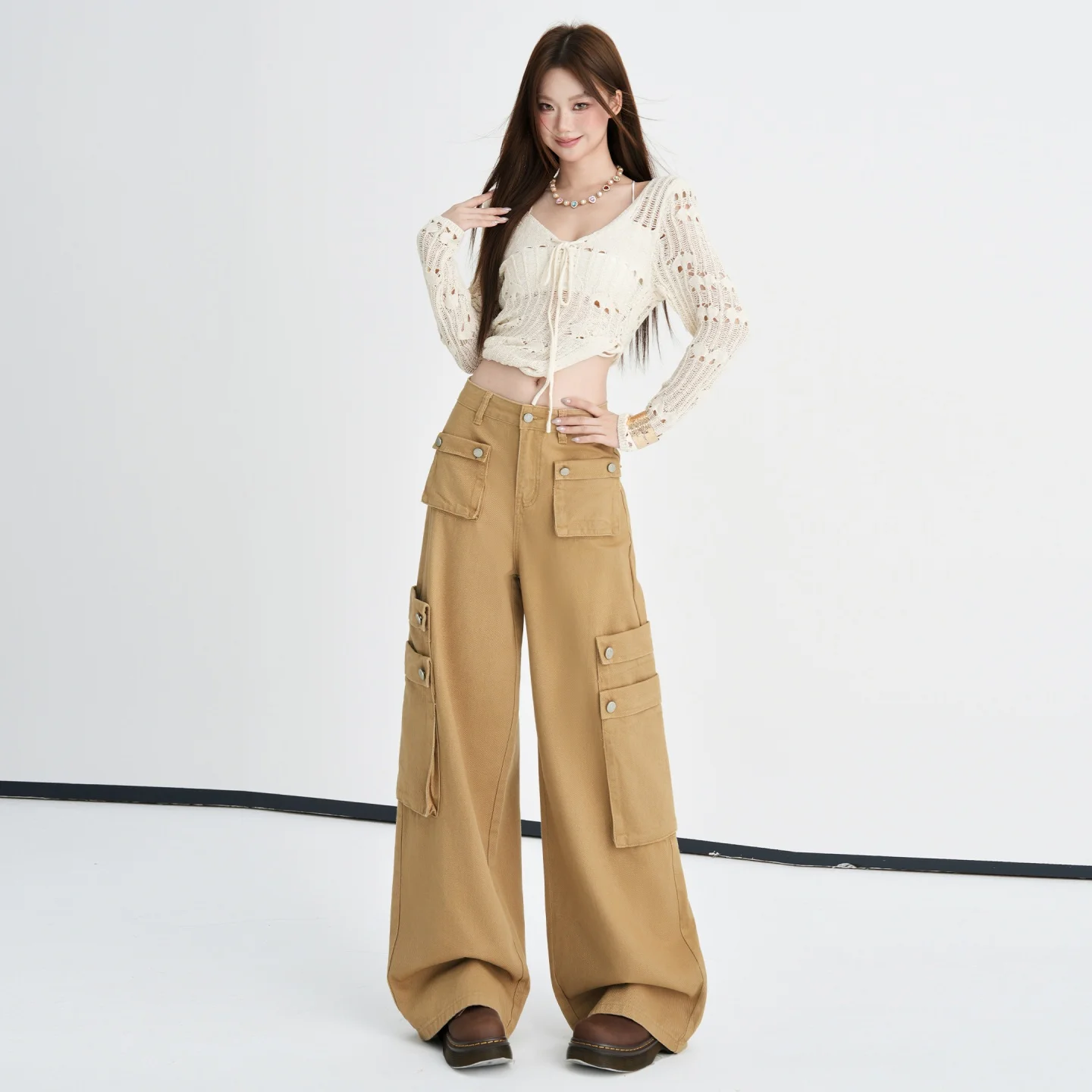 Women's Khaki Cotton High-Waisted Wide-Leg Casual Jeans