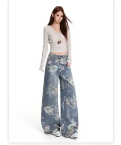 Alternative view of Women's High Waist Floral Straight Leg Jeans - Casual Streetwear