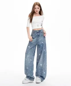 Women's High Waisted Bling Jeans - Sparkly Wide Leg Denim Streetwear