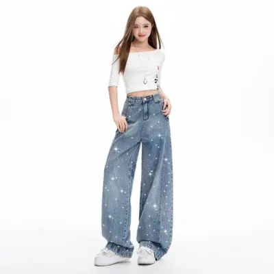 Women's High Waisted Bling Jeans - Sparkly Wide Leg Denim Streetwear