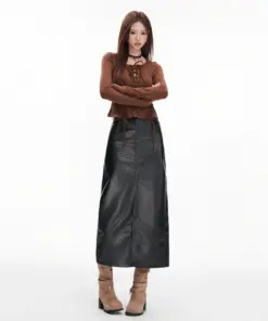 Alternative view of High-Waisted A-Line Pleated PU Leather Skirt - Chic Streetwear Style