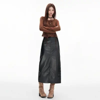 Alternative view of High-Waisted A-Line Pleated PU Leather Skirt - Chic Streetwear Style