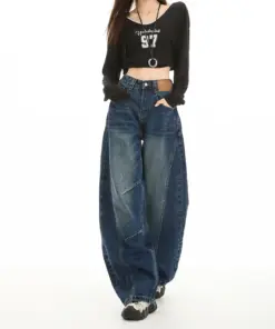 Retro Washed Wide Leg Jeans - High Waist American Style Denim Pants
