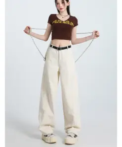 Alternative view of Women's High Waist Wide Leg White Denim Jeans - Retro Loose Fit