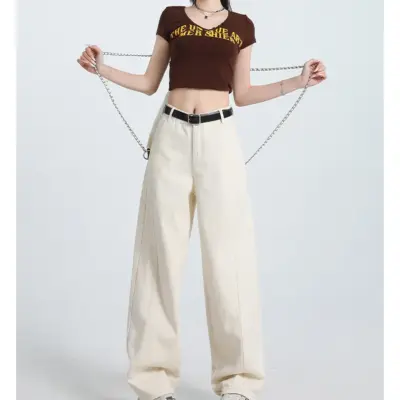 Alternative view of Women's High Waist Wide Leg White Denim Jeans - Retro Loose Fit