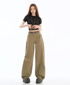 Latte Brown Retro Curved Blade Workwear Pants - Loose Casual Fit