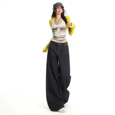 Alternative view of High Waist Straight Leg Denim Jeans with Paris Buckle Streetwear
