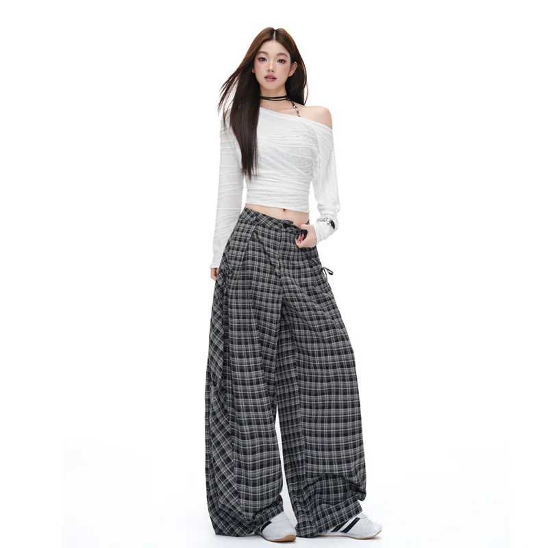 Retro Plaid Wide Leg Trousers - High Waist Casual Streetwear - Image 3