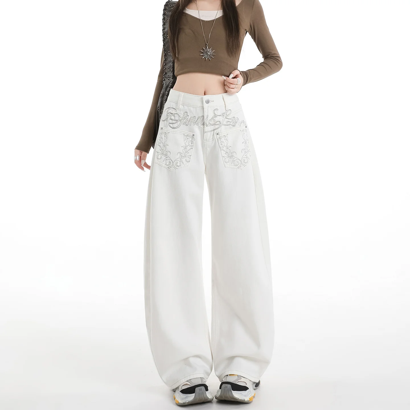 Women's White Straight Leg Jeans - Heavy Embroidery High Street Style - Image 3