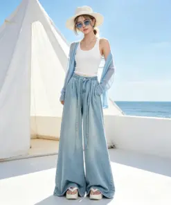 Alternative view of Women's Lyocell Wide Leg Jeans - High Waist Drawstring Denim Pants
