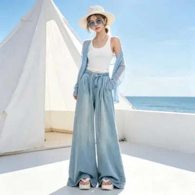 Alternative view of Women's Lyocell Wide Leg Jeans - High Waist Drawstring Denim Pants