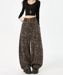 Alternative view of Women's Leopard Print Cotton Jeans - Retro High Waist Wide Leg