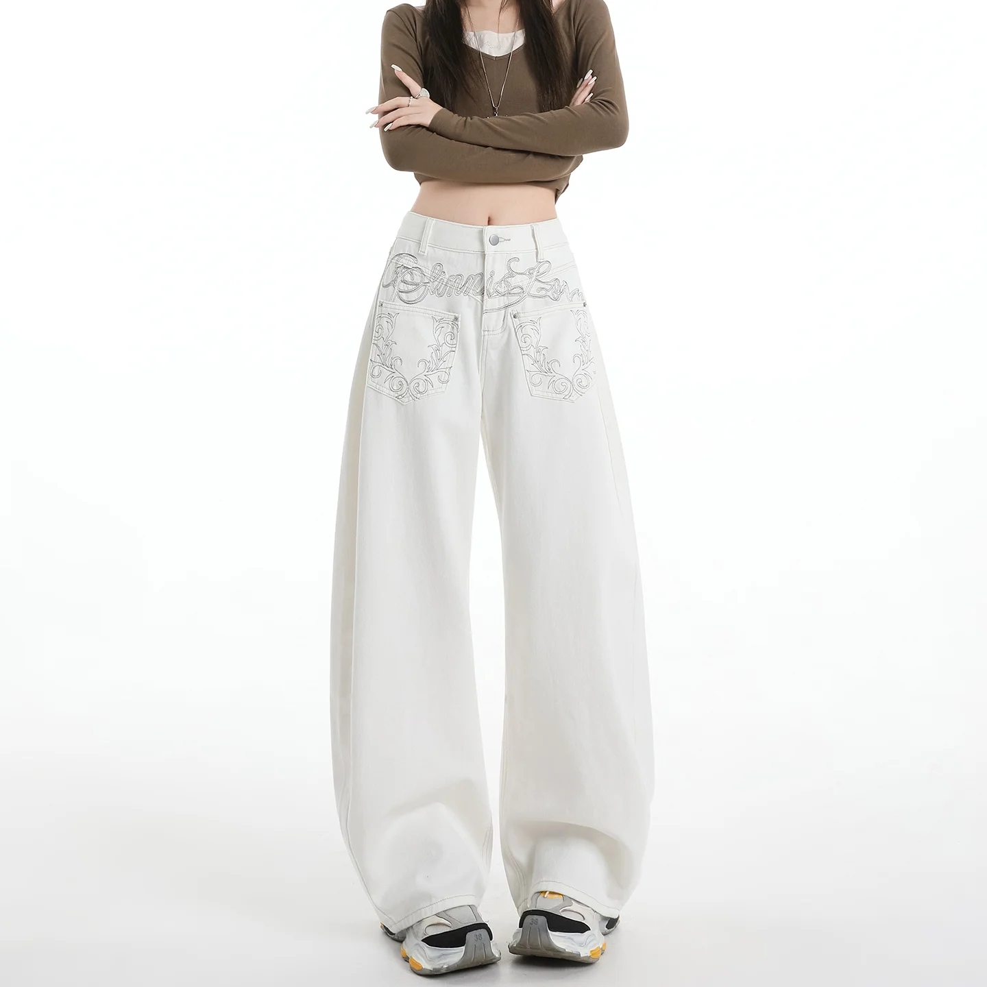 Women's White Straight Leg Jeans - Heavy Embroidery High Street Style - Image 5