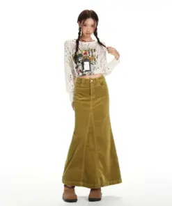 Women's High Waist Corduroy Mermaid Maxi Skirt - Elegant Y2K Style