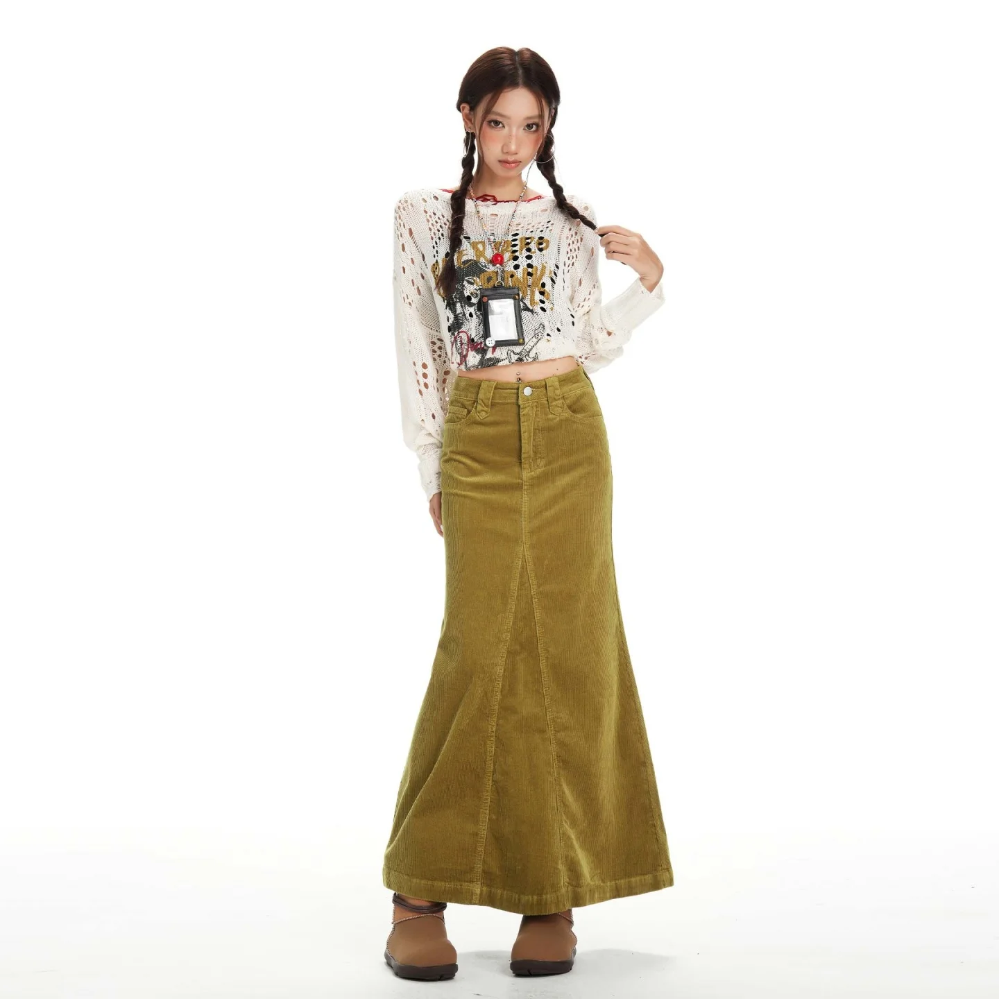 Women's High Waist Corduroy Mermaid Maxi Skirt - Elegant Y2K Style
