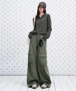 Women's Ruched Cargo Denim Jeans - Y2K Army Green Wide Leg Trousers