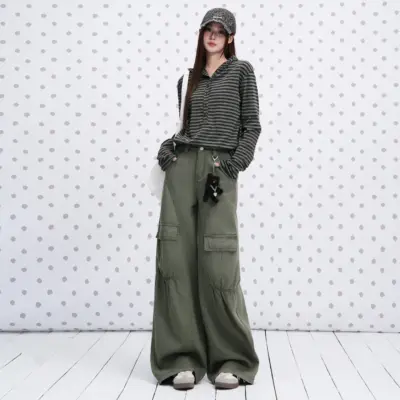 Women's Ruched Cargo Denim Jeans - Y2K Army Green Wide Leg Trousers