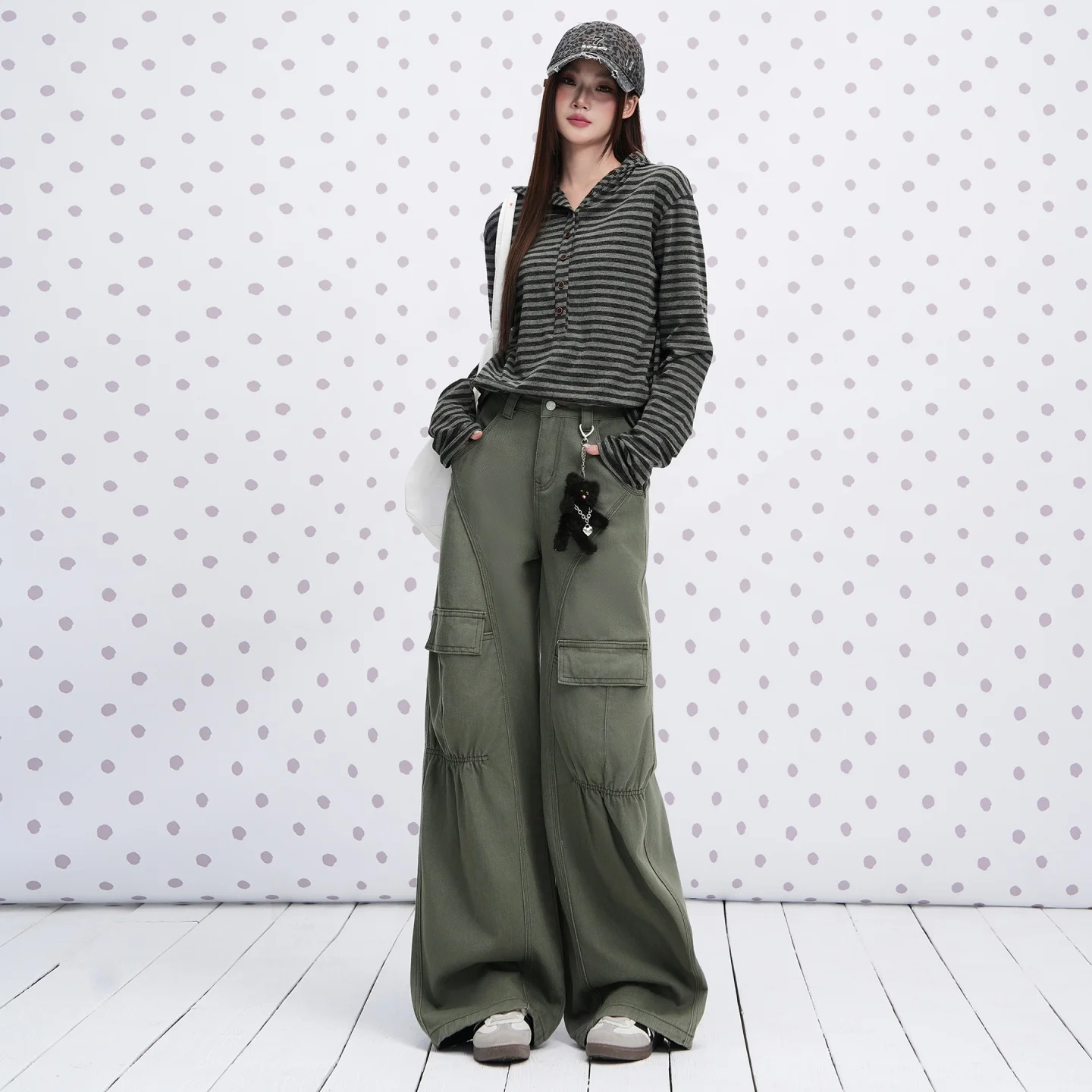 Women's Ruched Cargo Denim Jeans - Y2K Army Green Wide Leg Trousers