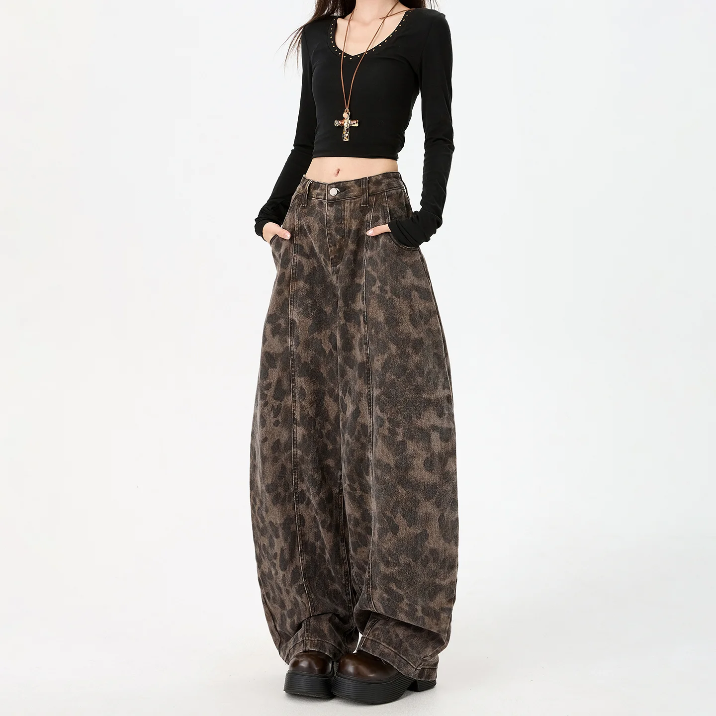 Women's Leopard Print Cotton Jeans - Retro High Waist Wide Leg - Image 3