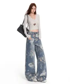 Women's High Waist Floral Straight Leg Jeans - Casual Streetwear