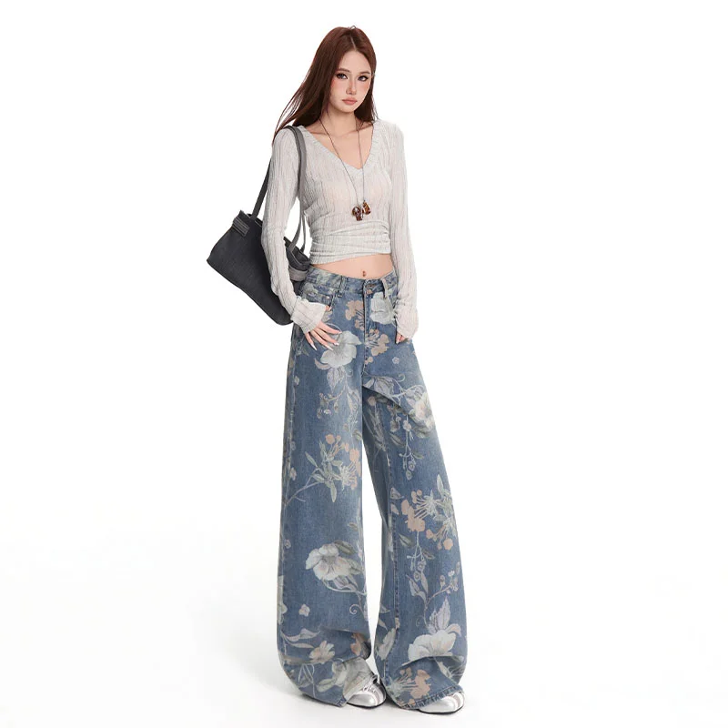 Women's High Waist Floral Straight Leg Jeans - Casual Streetwear