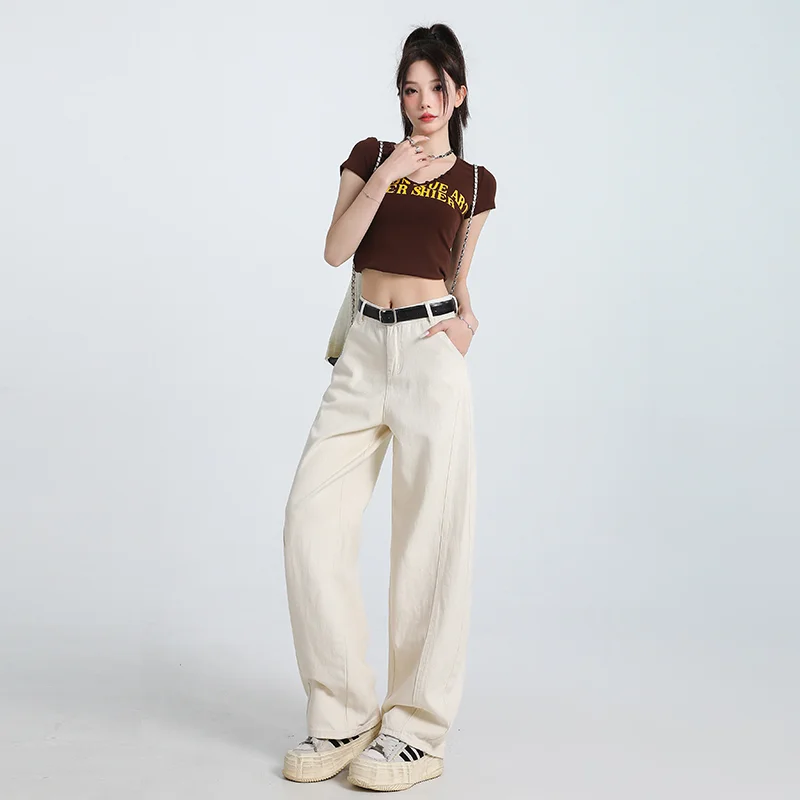Women's High Waist Wide Leg White Denim Jeans - Retro Loose Fit