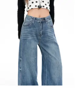 Alternative view of High Waist Wide Leg Jeans - Washed Denim Straight Leg Streetwear