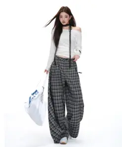Retro Plaid Wide Leg Trousers - High Waist Casual Streetwear