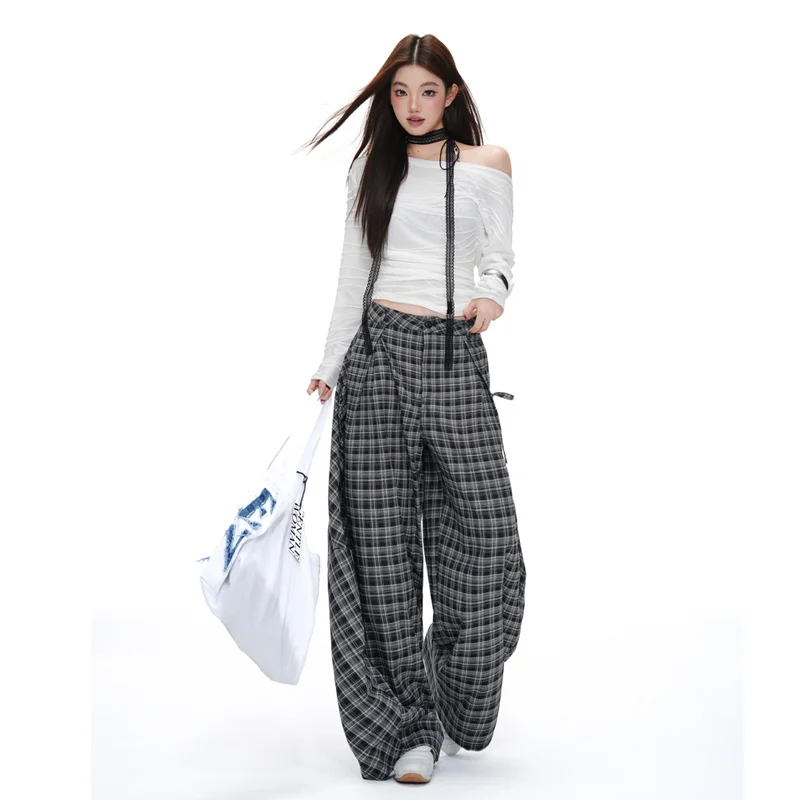 Retro Plaid Wide Leg Trousers - High Waist Casual Streetwear