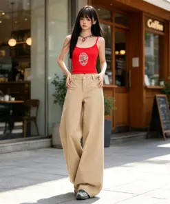 Khaki Wide Leg Casual Pants - Retro High-Waisted Straight Cut