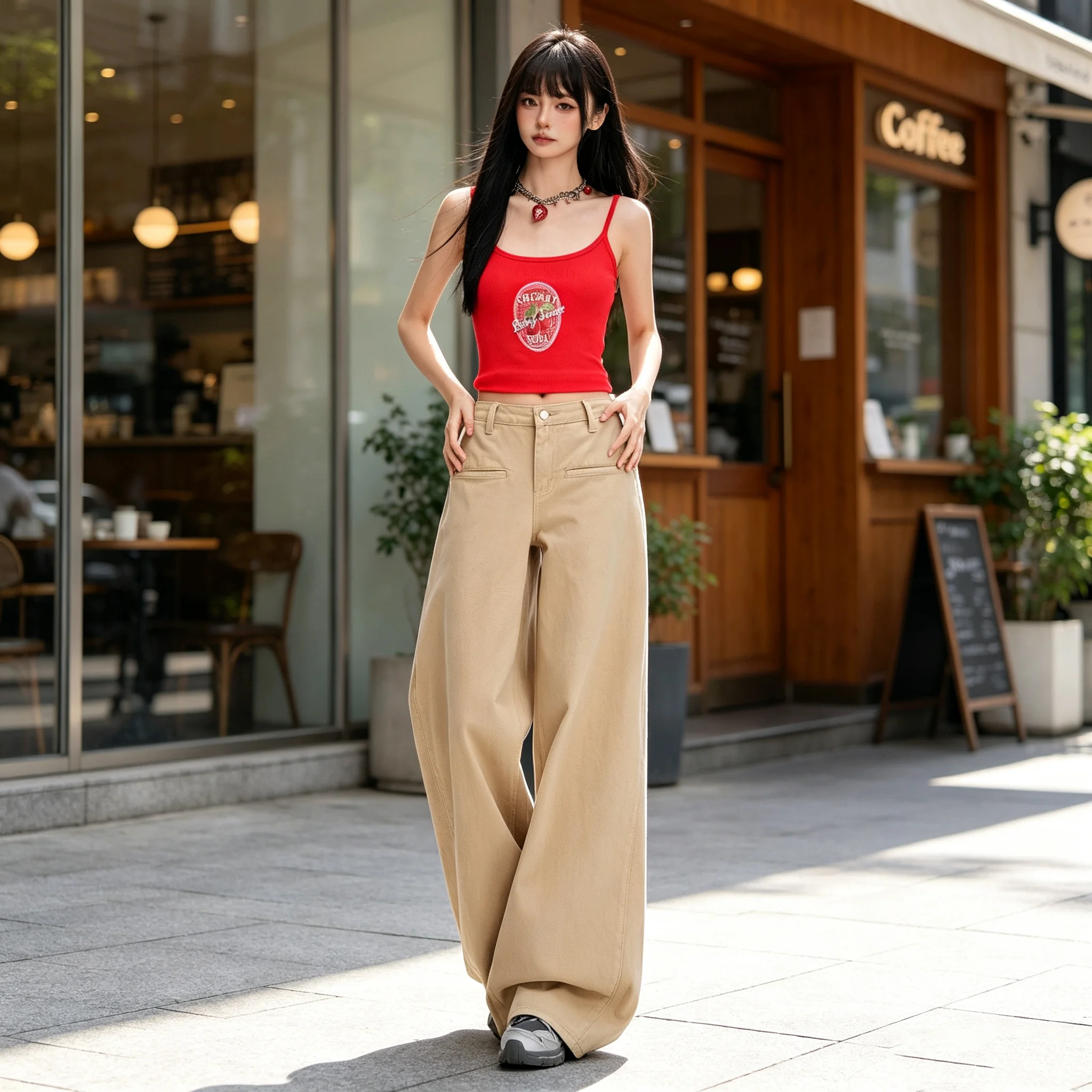 Khaki Wide Leg Casual Pants - Retro High-Waisted Straight Cut