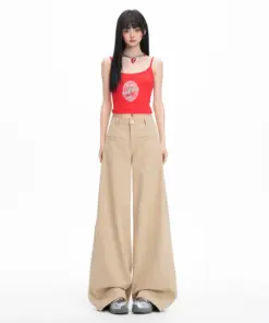 Alternative view of Khaki Wide Leg Casual Pants - Retro High-Waisted Straight Cut