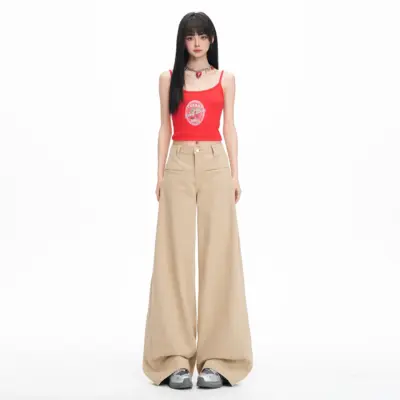 Alternative view of Khaki Wide Leg Casual Pants - Retro High-Waisted Straight Cut