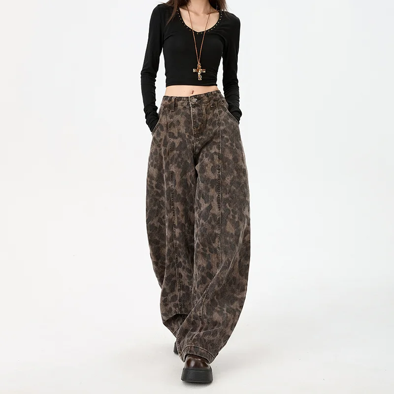 Women's Leopard Print Cotton Jeans - Retro High Waist Wide Leg - Image 5