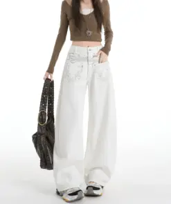 Alternative view of Women's White Straight Leg Jeans - Heavy Embroidery High Street Style