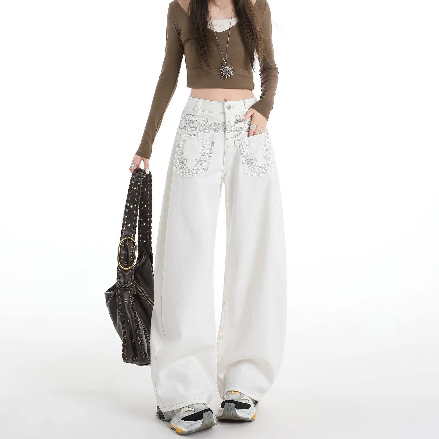 Women's White Straight Leg Jeans - Heavy Embroidery High Street Style - Image 2