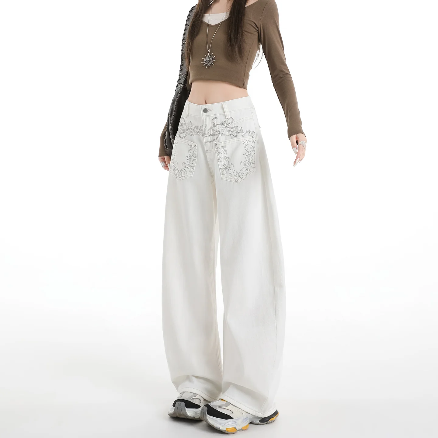 Women's White Straight Leg Jeans - Heavy Embroidery High Street Style - Image 4