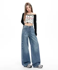 High Waist Wide Leg Jeans - Washed Denim Straight Leg Streetwear